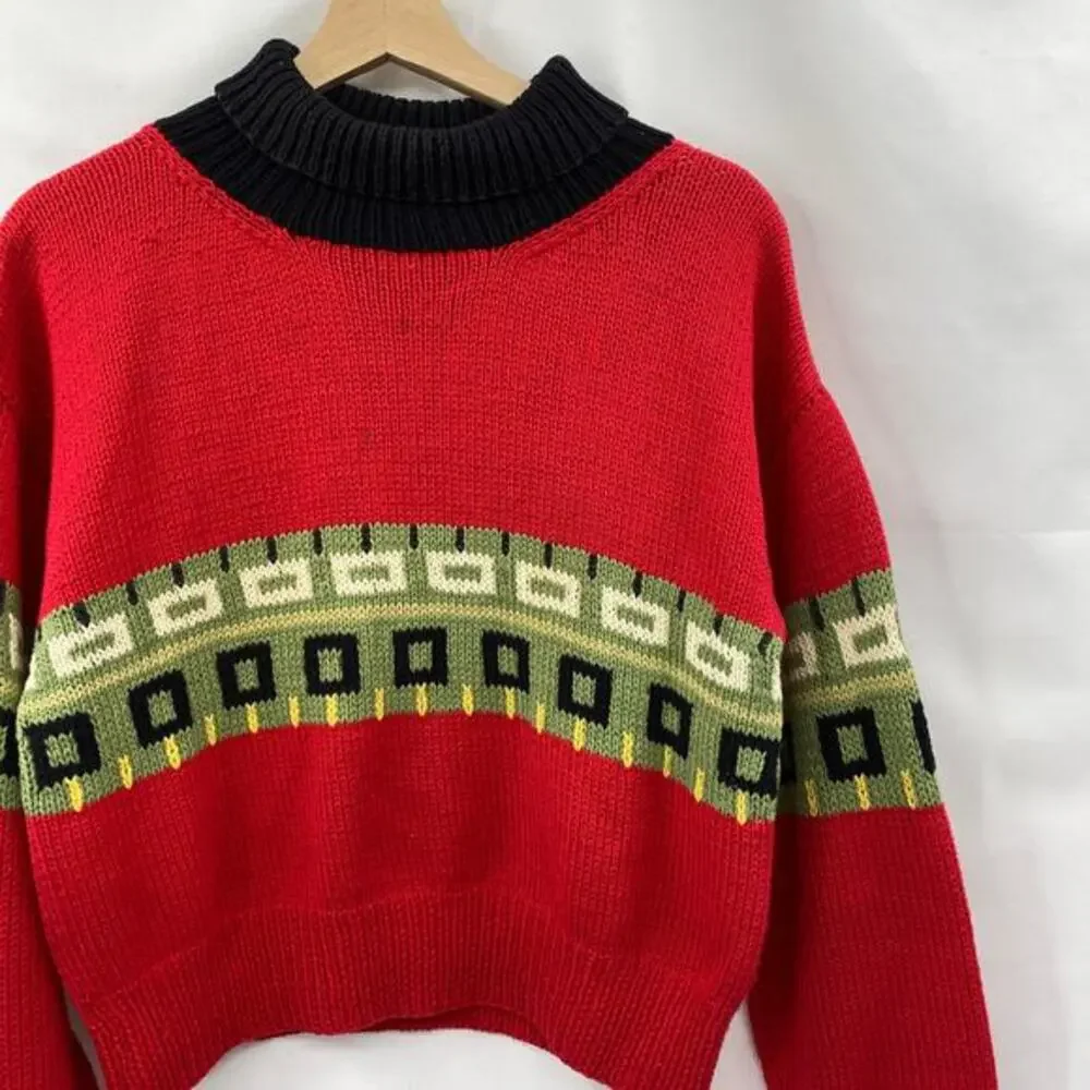 Vintage Hand knit red pattern‎ turtleneck sweater